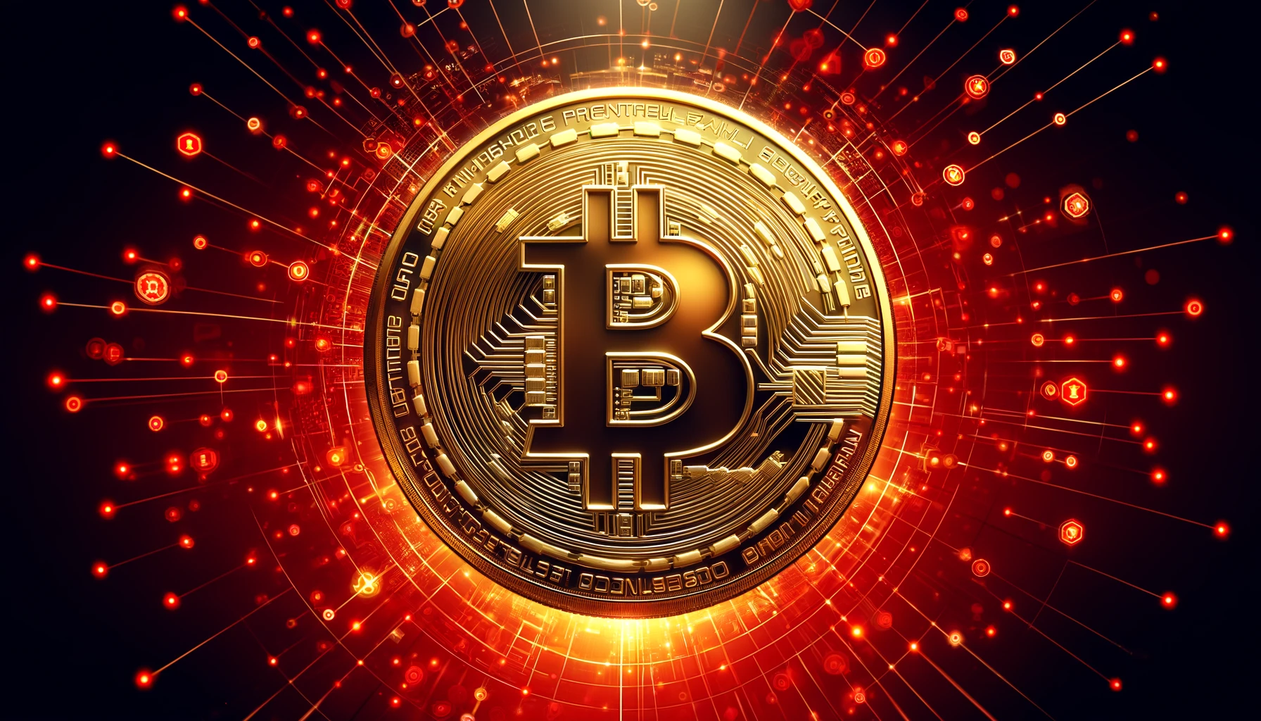 仮想通貨の金色のコインと赤いネットワーク背景のアイキャッチ画像