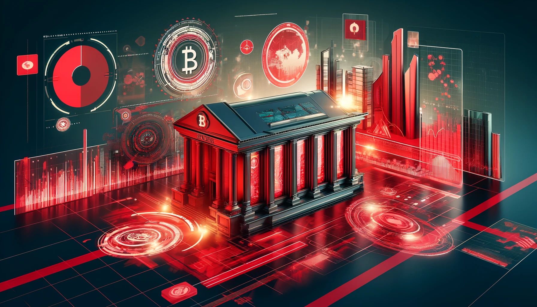 赤色を基調とした未来的なデジタルファイナンスの風景、スタイライズされた銀行ビルと金融グラフが表示されたデジタルスクリーン、デジタル通貨を象徴する抽象的なシンボルが描かれている。