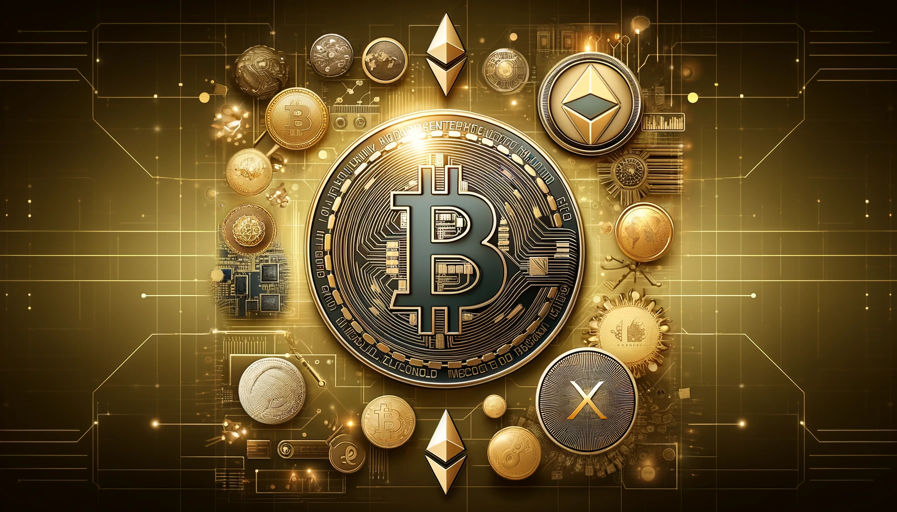 ゴールドベースの背景にビットコイン、イーサリアムなどの仮想通貨がデジタル的に描かれたアイキャッチ画像