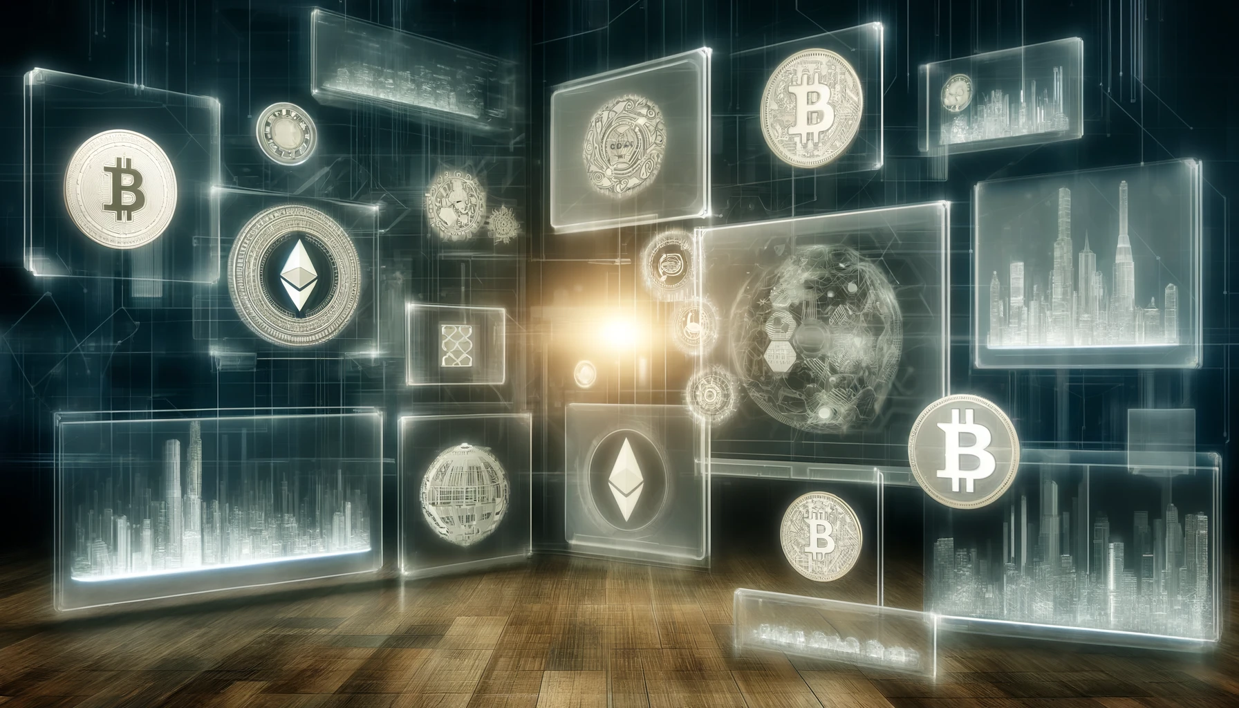 透明なスクリーンに表示された様々なタイプの仮想通貨トークンを特徴とする未来的なデジタルワークスペース。