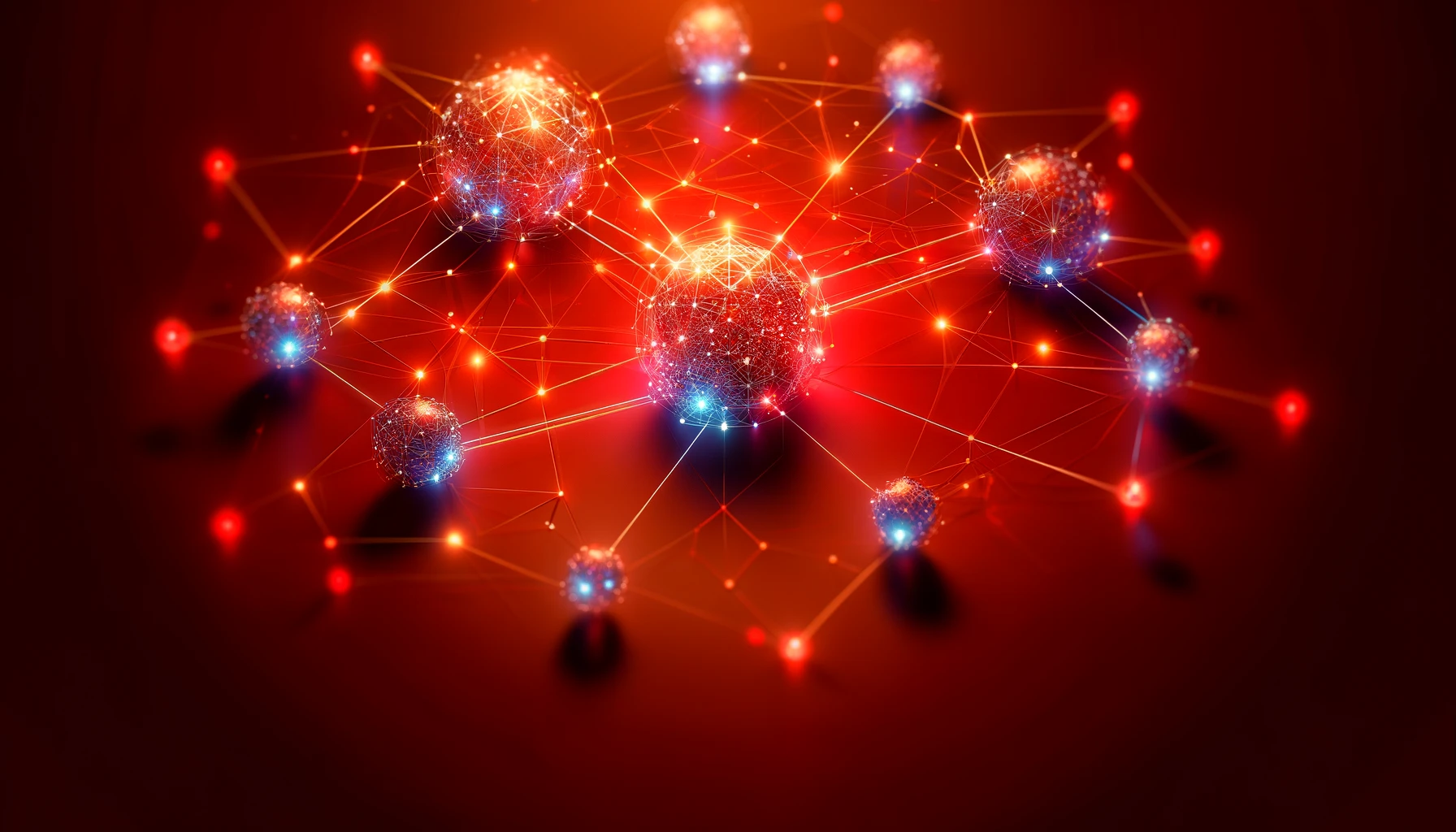 先進的なノードのネットワークが赤い背景に浮かぶデジタルイラスト