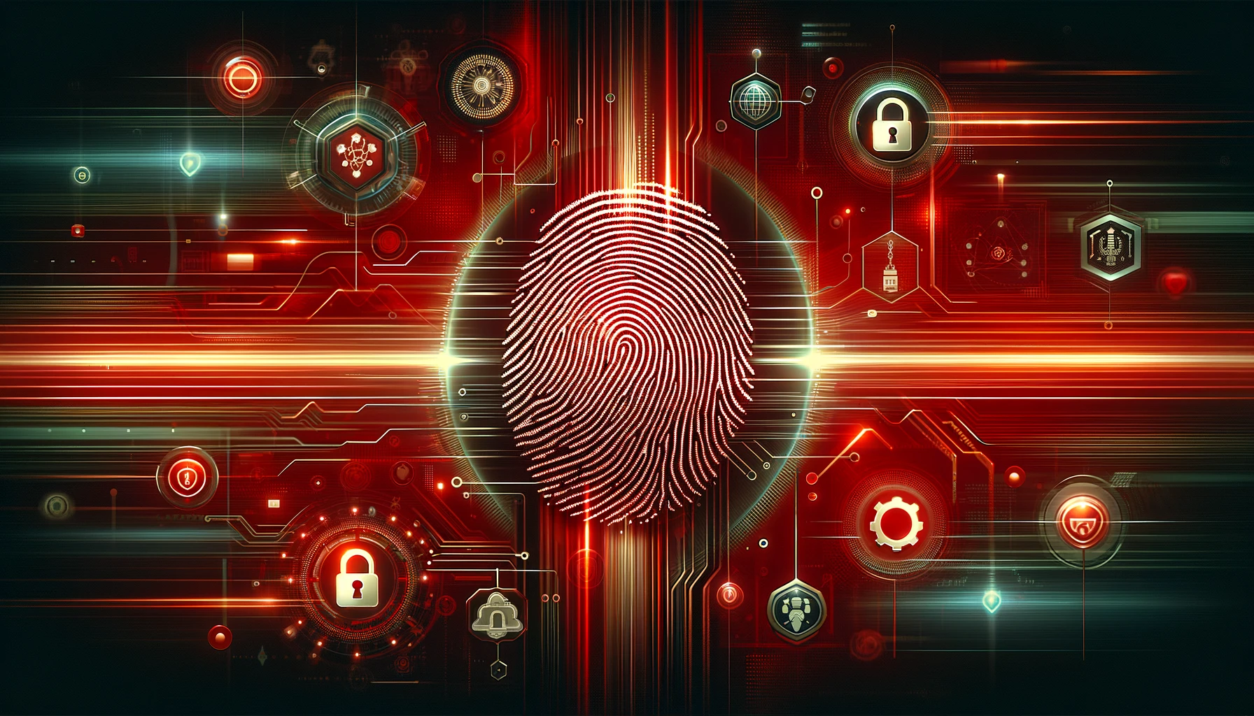 赤色の背景にデジタル指紋や暗号化されたデータストリームが描かれたバナー画像