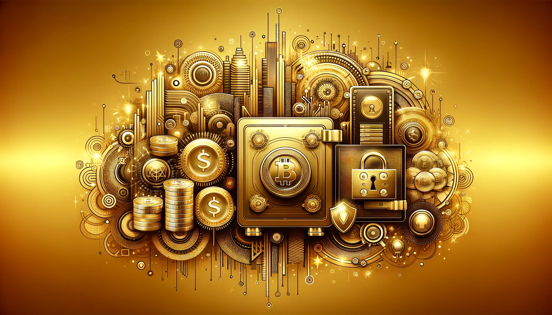 金色の背景にセキュリティ要素と仮想通貨を象徴するデジタルセーフとコイン