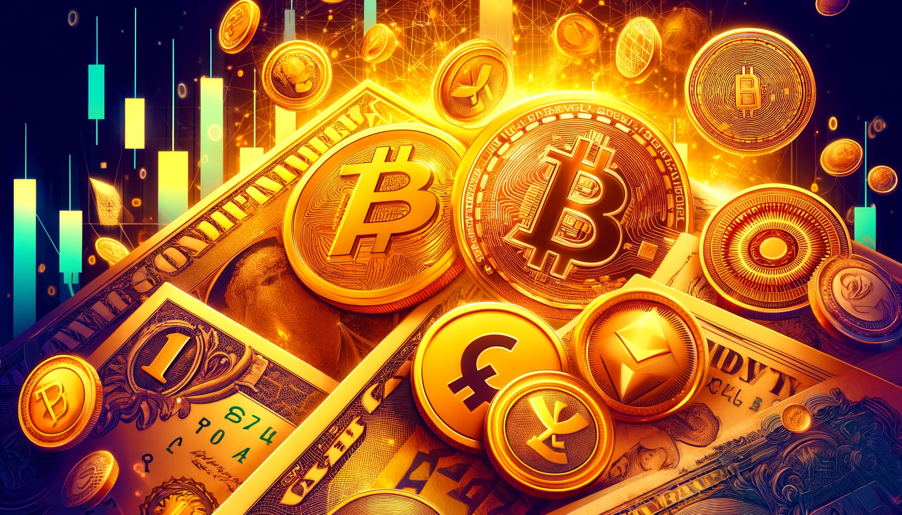 フィアット通貨と仮想通貨のシンボルを背景にした派手なゴールド色の画像