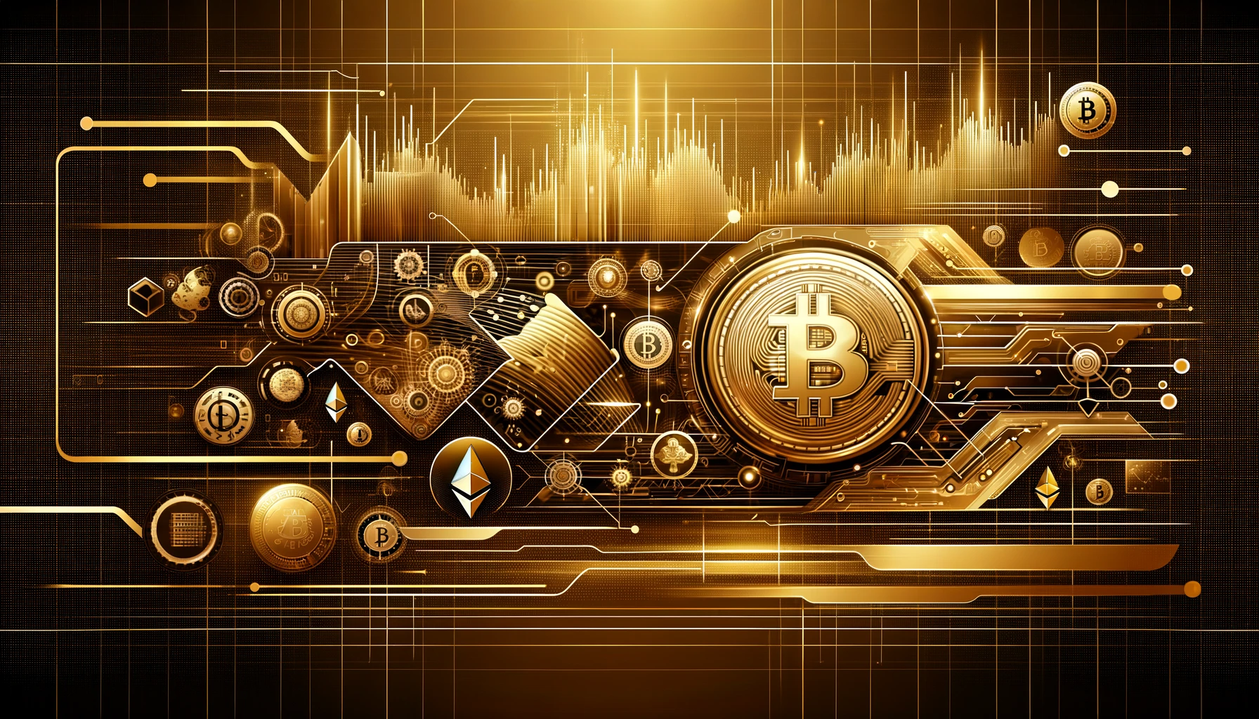 金色の背景に仮想通貨と市場の抽象的なデジタル要素が描かれたアイキャッチ画像