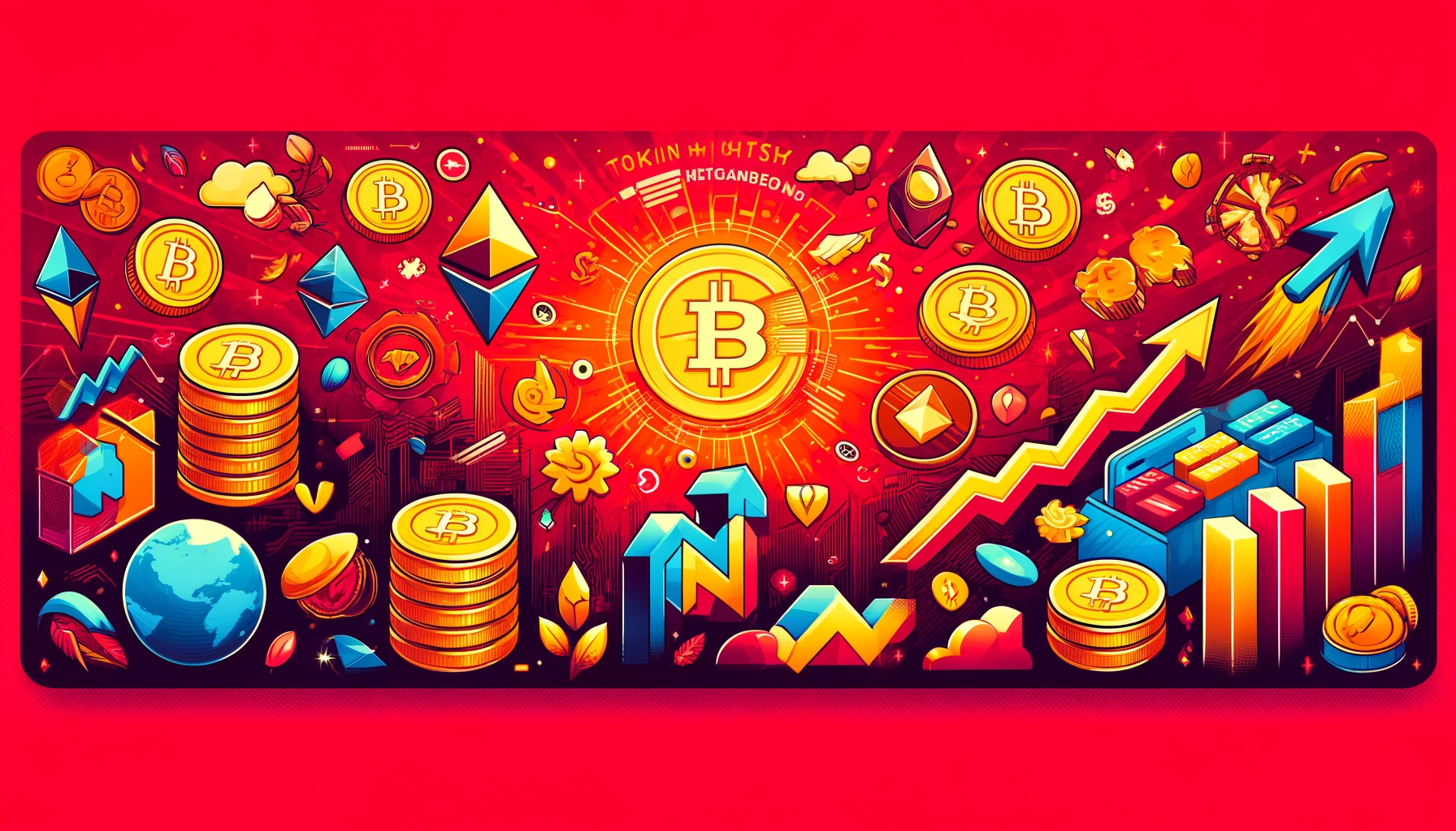 トークンエコノミーを表すアイキャッチ画像。赤い背景にビットコインやイーサリアムのトークン、ブロックチェーンのシンボル、上昇するグラフや矢印が描かれている。