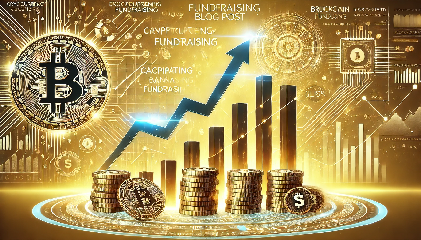 仮想通貨ファンドレーズのための横長バナー画像。金色の背景にブロックチェーングラフィック、デジタルコイン、上昇するグラフが描かれています。