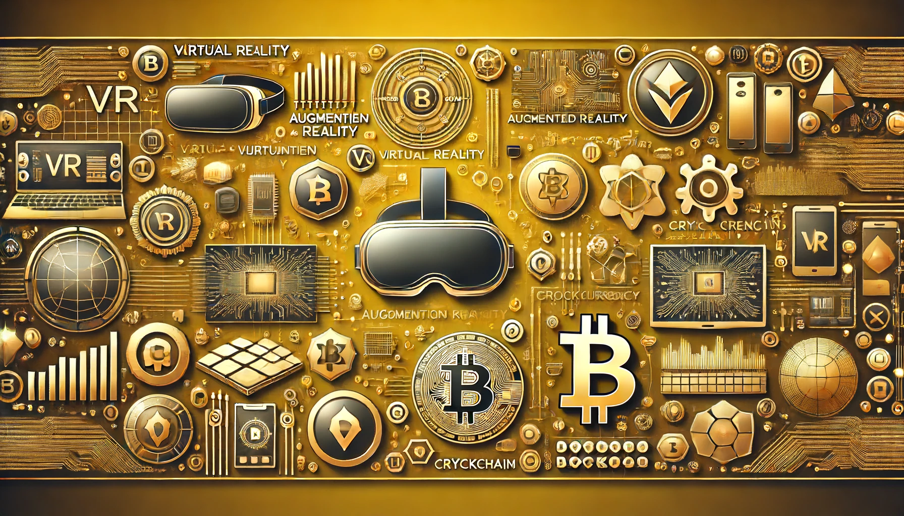 金色の背景にVR、AR、仮想通貨を象徴する要素を配置した画像