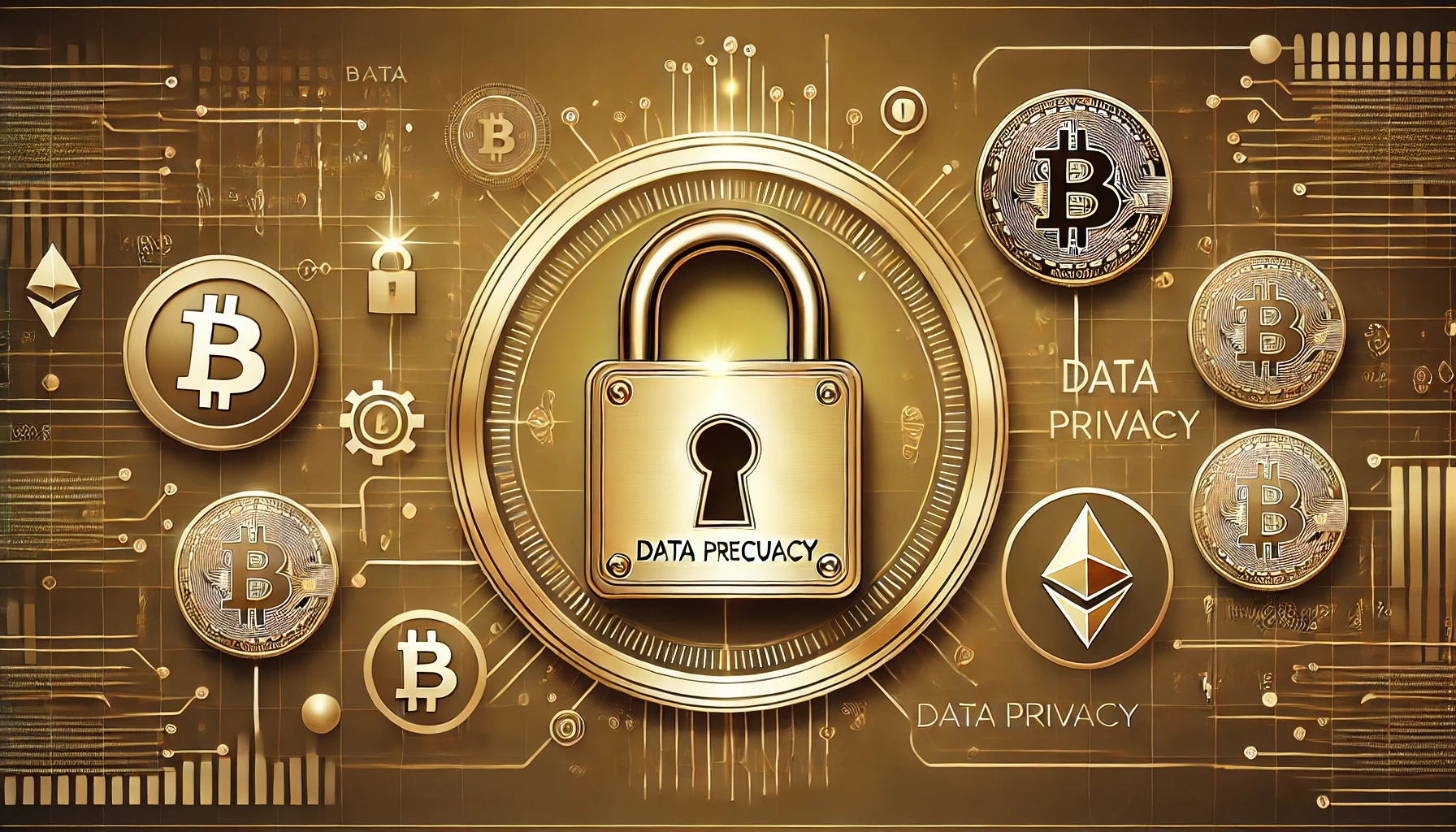 仮想通貨のデータプライバシーを象徴するデジタルロックとブロックチェーンアイコン、ビットコインとイーサリアムの要素が含まれた金色の背景画像。