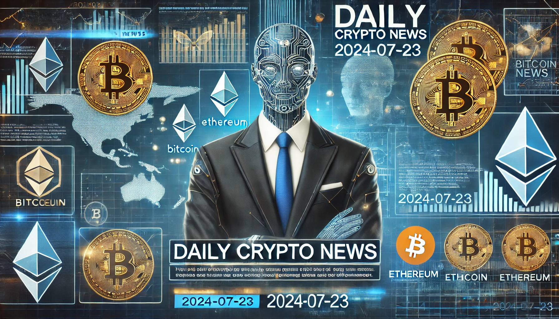 2024年7月23日の最新仮想通貨ニュースを示す画像。複数の仮想通貨シンボルとデジタルニュースメディアの要素