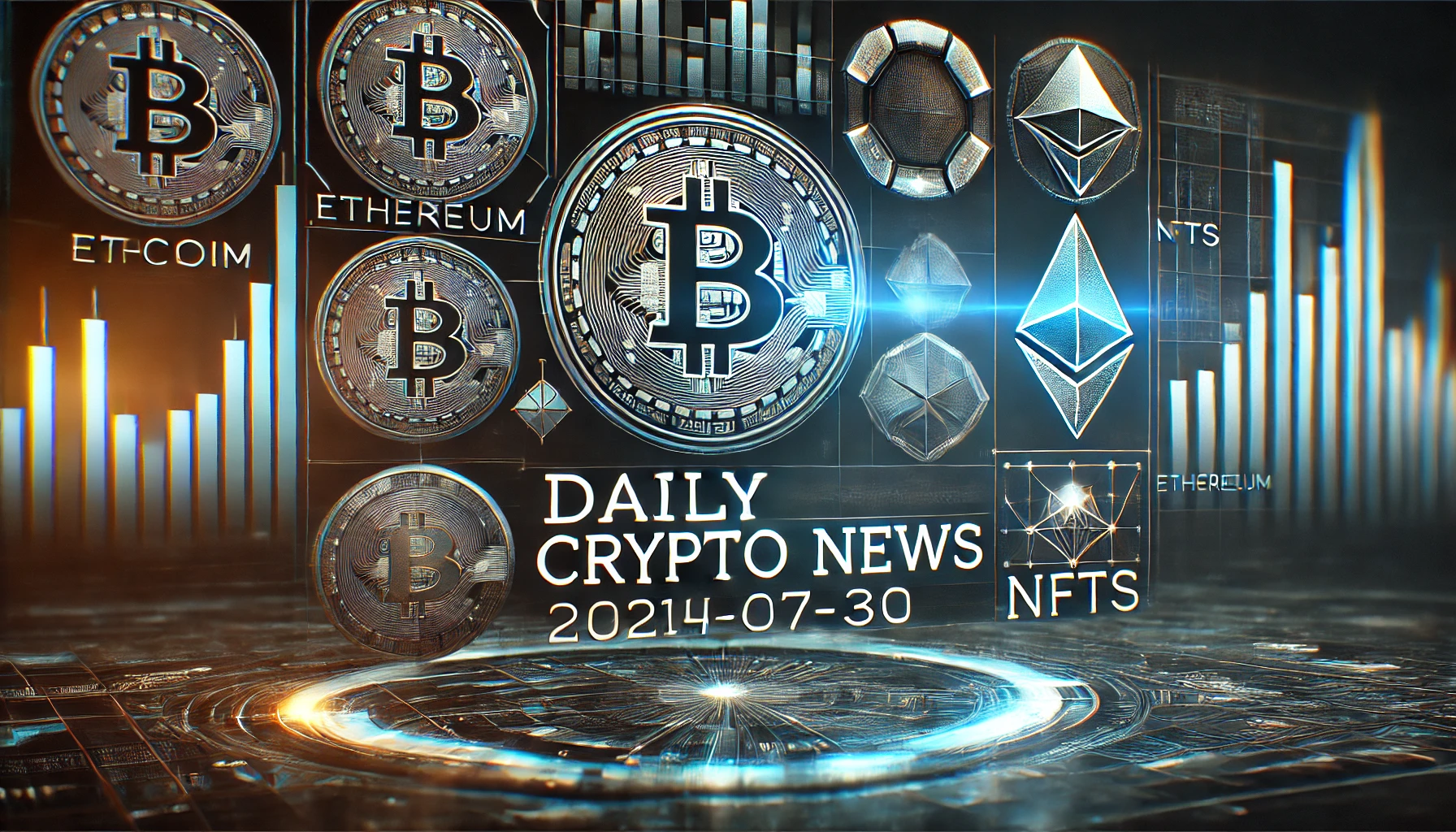 最新の仮想通貨ニュースのバナー。ビットコイン、イーサリアム、NFTのシンボルがデジタルデータチャートとグラフと共に表示され、「Daily Crypto News」と「2024-07-30」の日付が大きく表示されています。