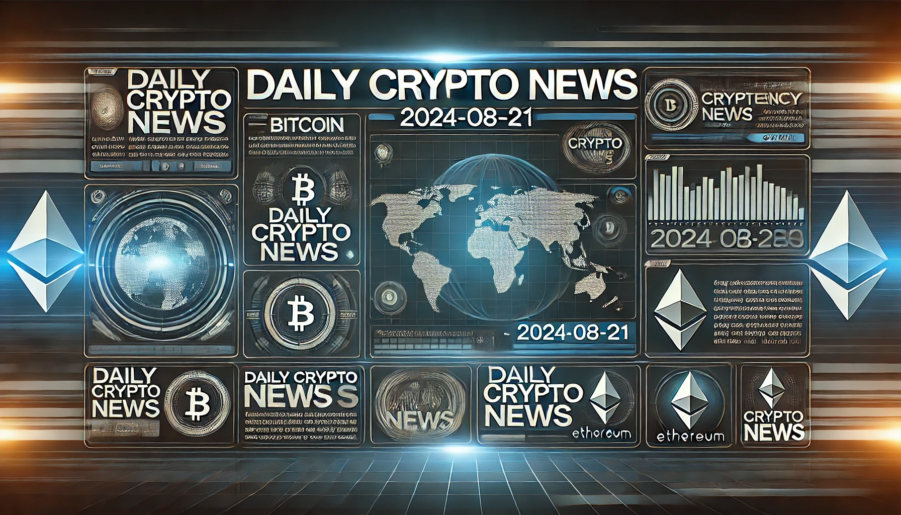 仮想通貨関連の主要ニュースをまとめたデジタルテーマのアイキャッチ画像。暗い青と黒の色調を基調に、背景には世界地図や仮想通貨シンボルが描かれ、「Daily Crypto News | 2024-08-21」というテキストが中央に配置されています。