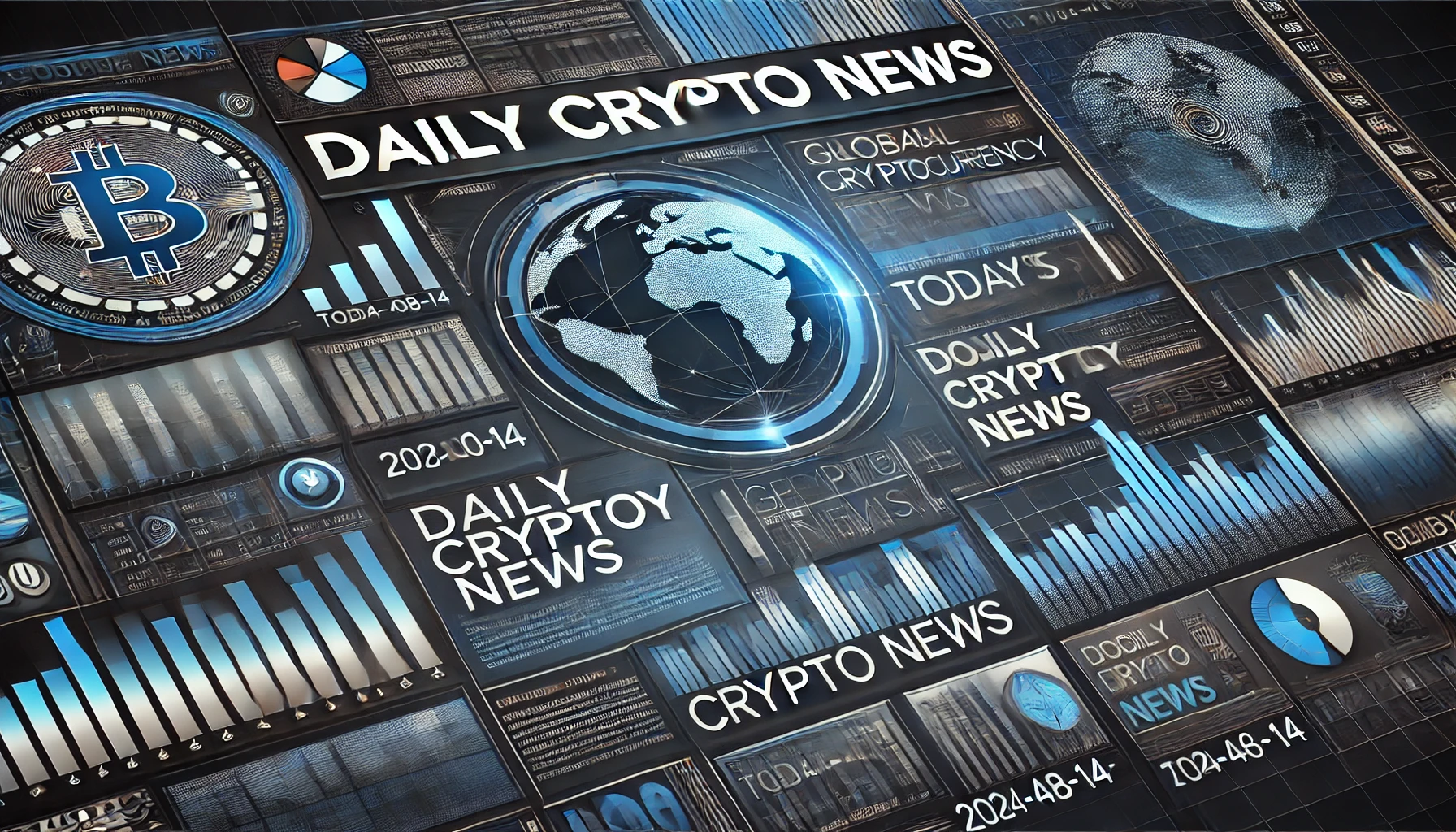 仮想通貨ニュースのアイキャッチ画像。デジタルなチャートやグラフが背景にあり、「Daily Crypto News 2024-08-14」というテキストが表示されています。