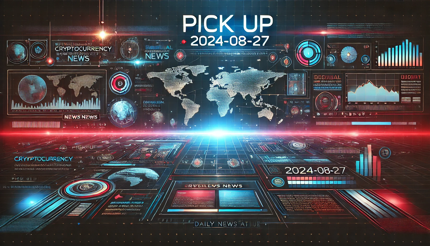 「PICK UP | 2024-08-27」と書かれた、デジタルなデザインの横長バナー画像。暗い背景にネオンカラーの地球の画像と抽象的なデータビジュアルが描かれている。