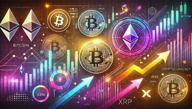 ビットコイン、イーサリアム、XRPのアイコンと価格チャートが描かれた、カラフルなグラデーションとデジタルな背景を持つ動的な画像。