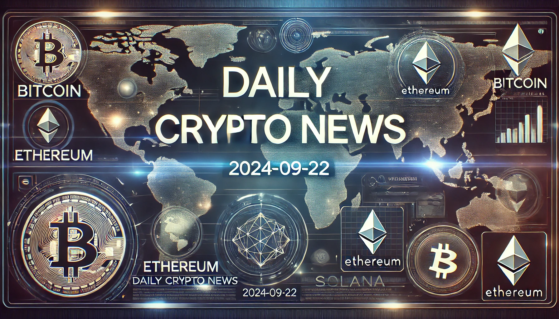 2024年9月22日の仮想通貨ニュースを伝えるアイキャッチ画像。デジタルニュースのオープニングをイメージしたデザインで、暗い青や銀を基調にした未来的な背景にビットコインやイーサリアムのロゴが浮かび上がっている。