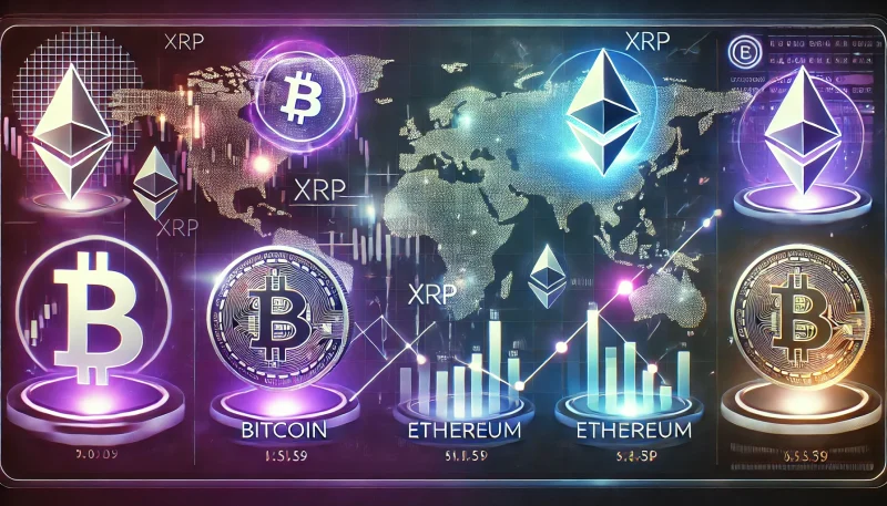 ビットコイン、イーサリアム、XRPなどの仮想通貨シンボルがデジタルグラフや世界地図の背景と共に表示された未来的なデザインの画像。