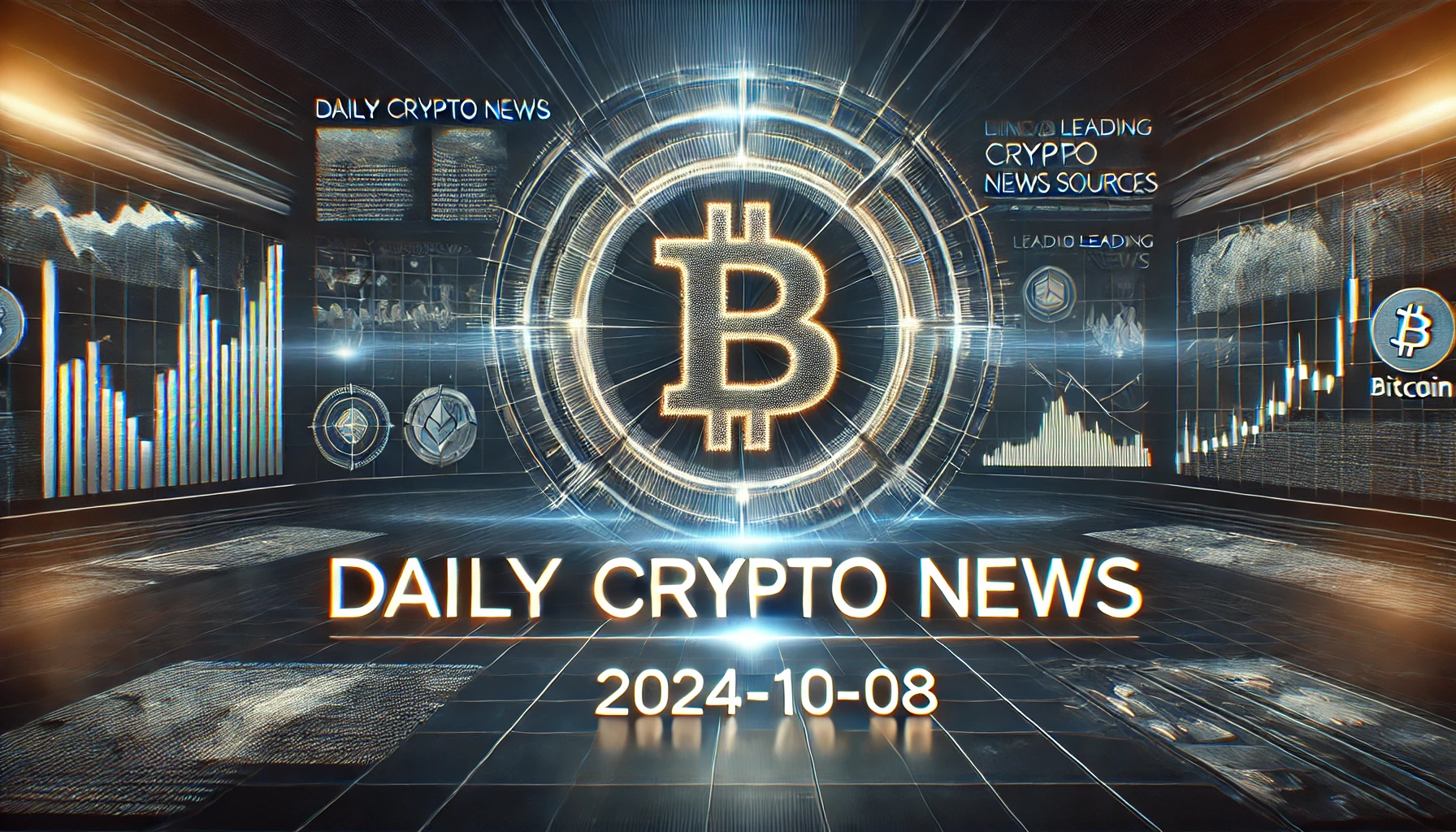 2024年10月8日の仮想通貨ニュースをまとめたプロフェッショナルなアイキャッチ画像。ビットコインのシンボルとデジタルチャートが背景に描かれている。