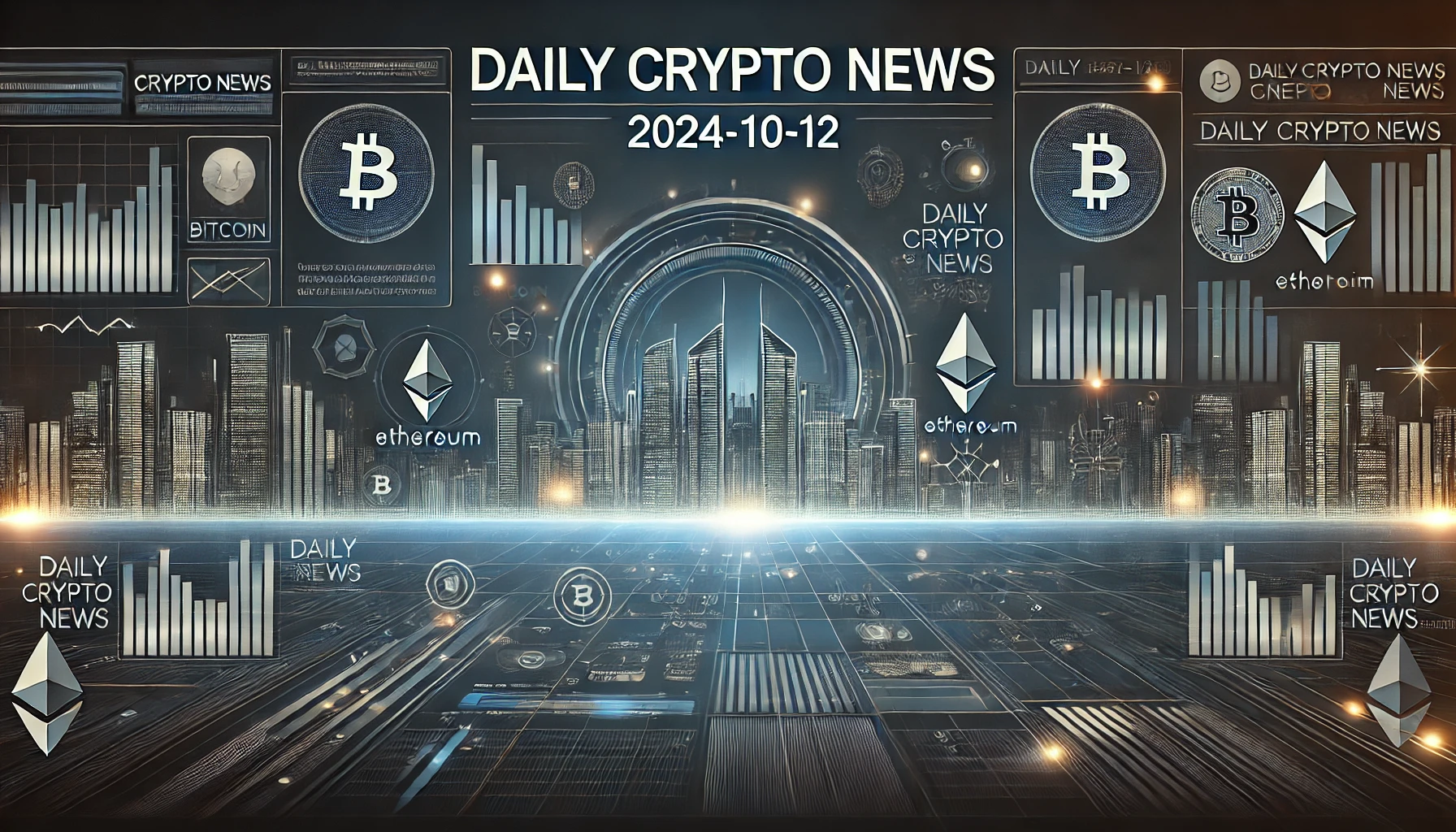 デジタル都市と暗号通貨のアイコンが融合したニュースバナー「Daily Crypto News | 2024-10-12」の文字が表示された画像