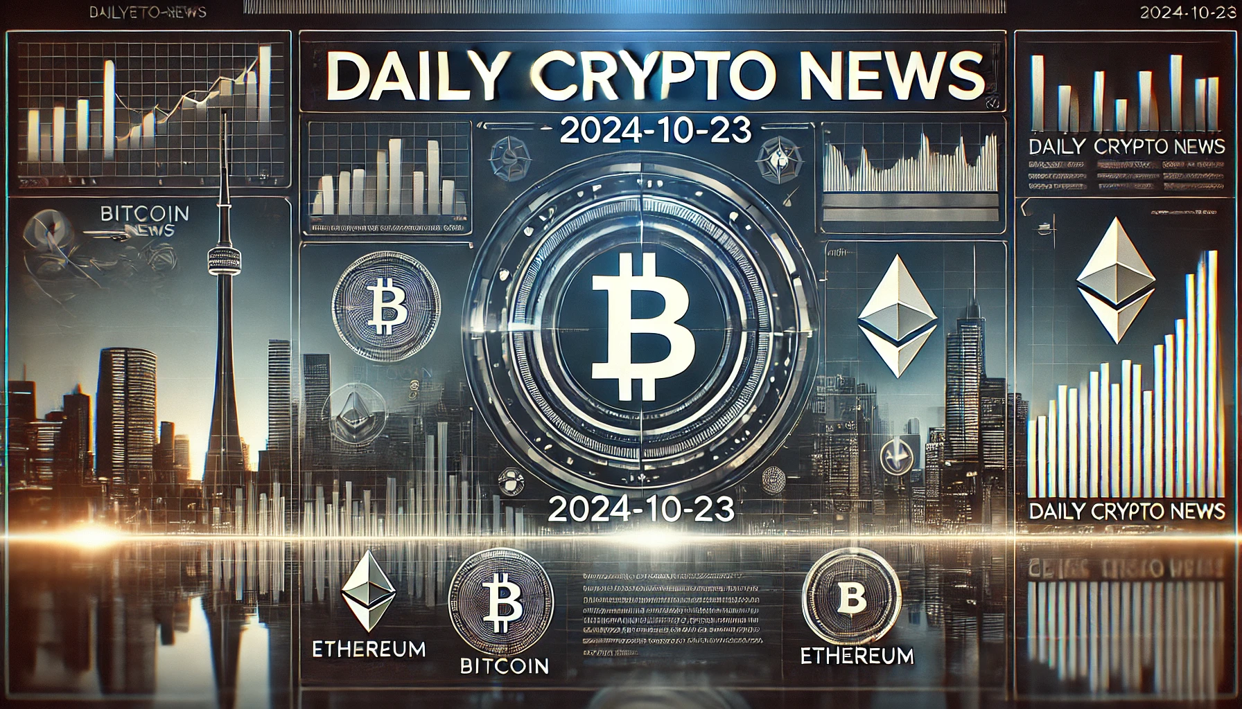 2024年10月23日最新の仮想通貨ニュースをまとめたデジタルでクールなヘッダー画像。高層ビルの背景に仮想通貨アイコンとグラフが浮かび、ニュース番組風のスタイルで日付が表示されています。