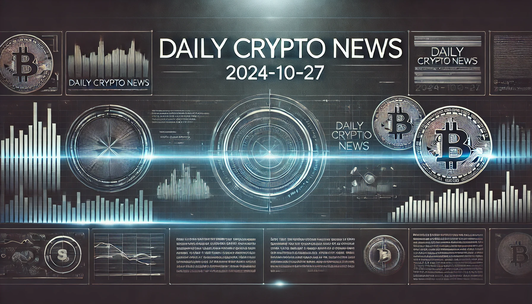 仮想通貨デイリーニュースのアイキャッチ画像。暗い背景に未来的なデータラインやチャートが浮かび上がり、「Daily Crypto News | 2024-10-27」のテキストが中央に配置されています。