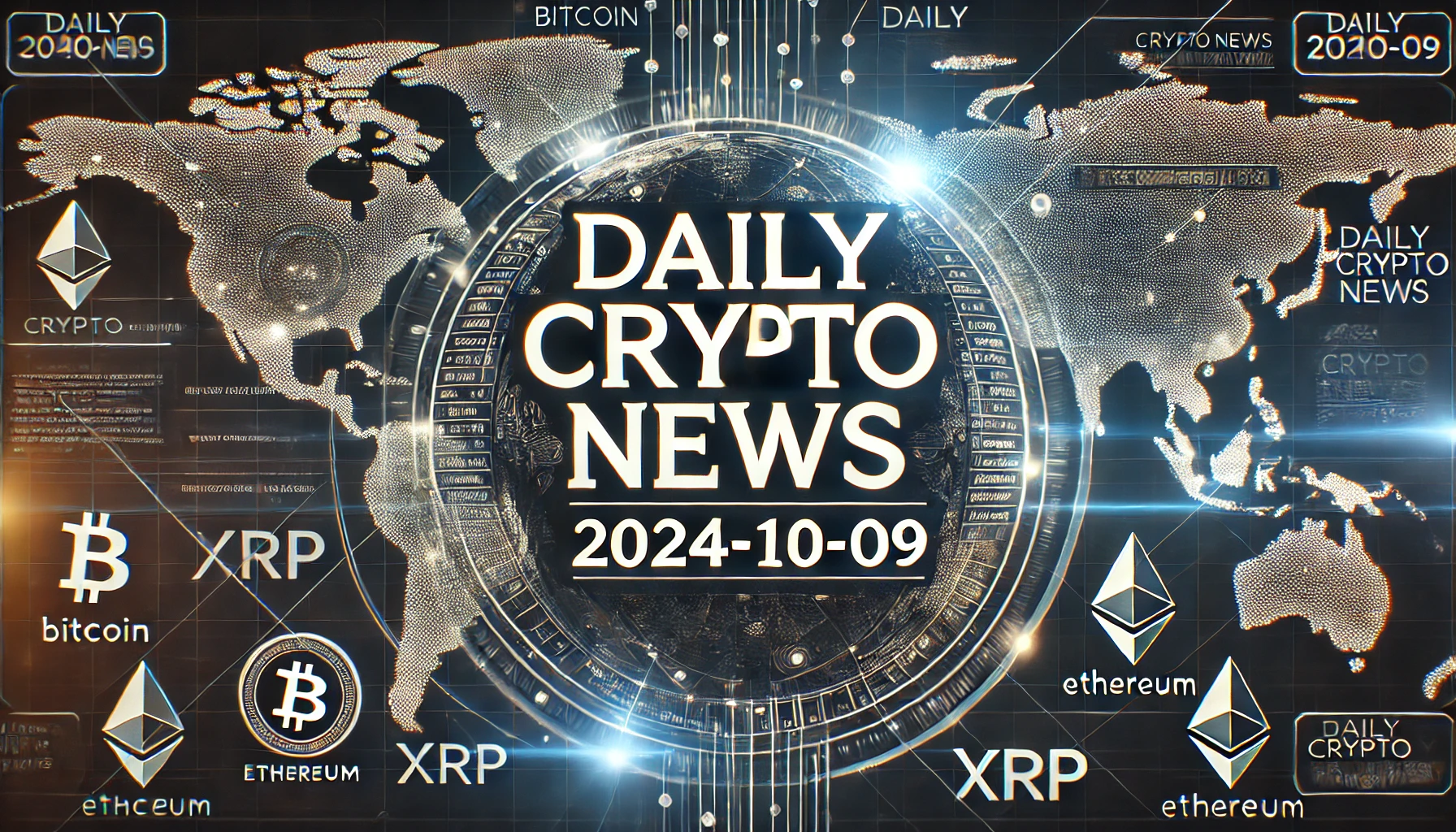 2024年10月9日のDaily Crypto Newsのアイキャッチ画像。デジタルな背景に世界地図と暗号通貨のシンボルが重なり、ニュース番組のオープニングを想起させるデザイン。