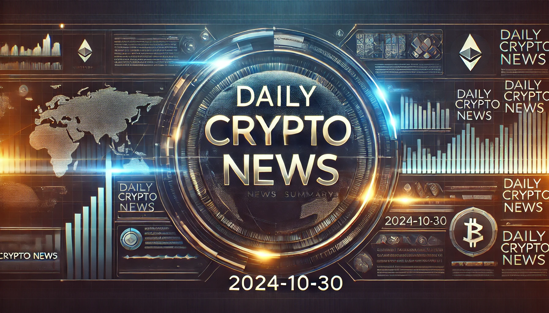 「Daily Crypto News | 2024-10-30」と日付が記載された仮想通貨ニュースのアイキャッチ画像。デジタル風の背景にグラフやネットワークをイメージした高機能なデザインが際立っています。