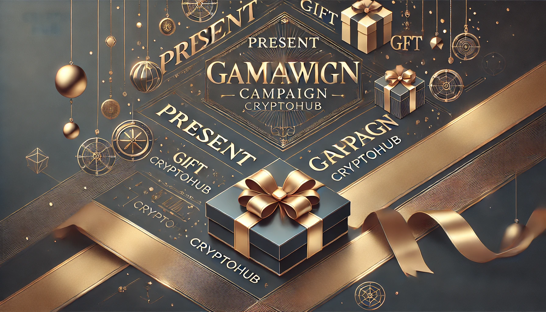 プレゼントキャンペーンを告知するエレガントなバナー。PRESENT、GIFT、CAMPAIGN、CryptoHubのテキストがゴールドのアクセントでデザインされている。