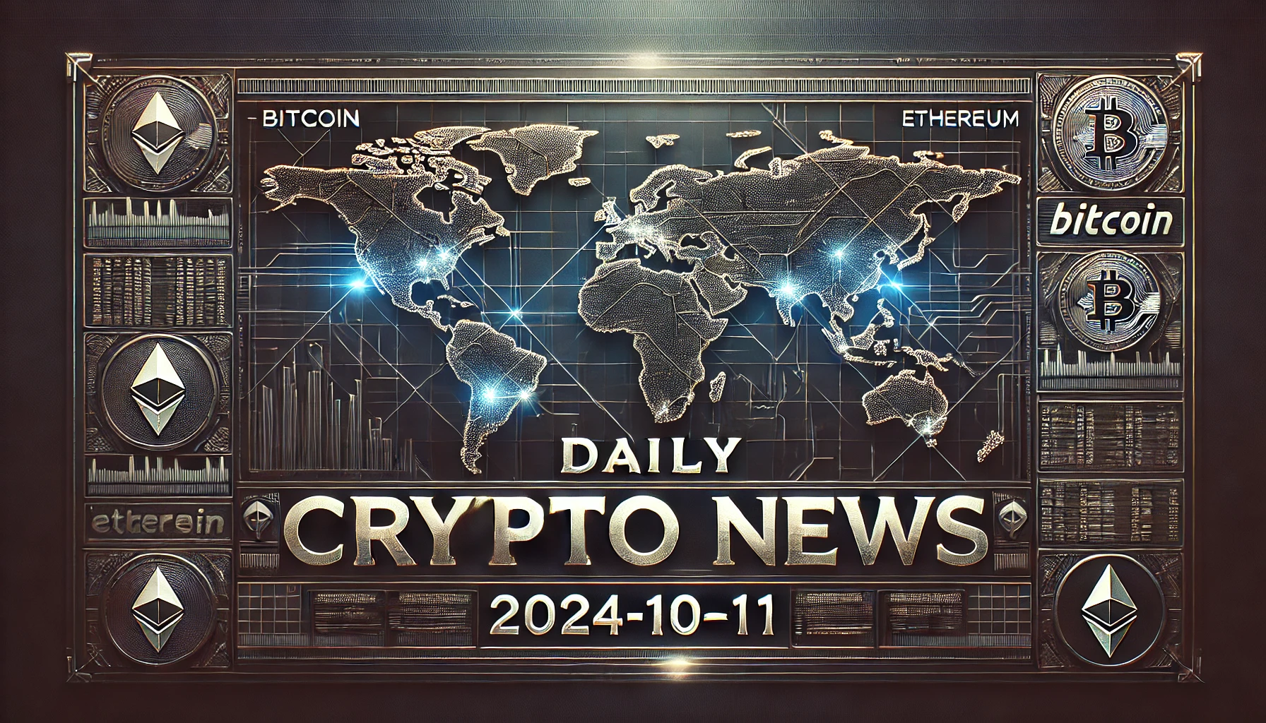 「Daily Crypto News | 2024-10-11」と記載された、暗くて重厚感のある仮想通貨ニュースバナー画像。背景に金属的な質感とデジタルな世界地図が描かれ、仮想通貨のシンボルが浮かぶ。