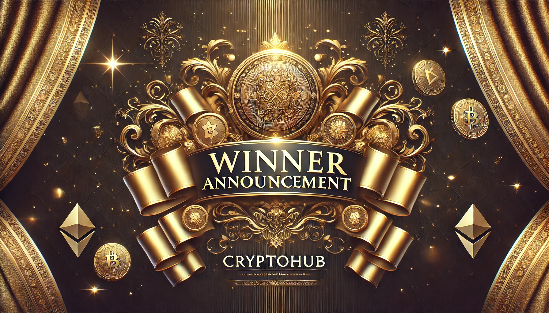 プレゼント企画の豪華な当選者発表バナー。「Winner Announcement」と「CryptoHub」の文字が金色のアクセントで装飾されたデザイン。