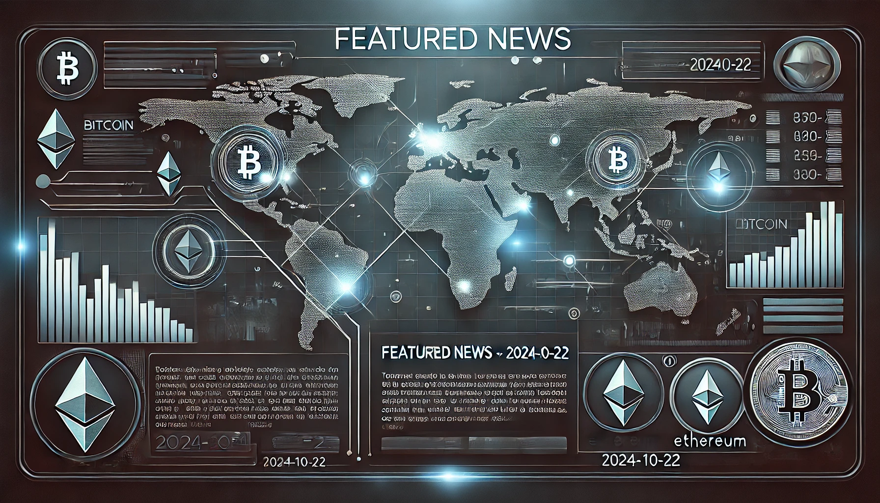 デジタルな世界地図を背景にした仮想通貨ニュースのバナー画像。