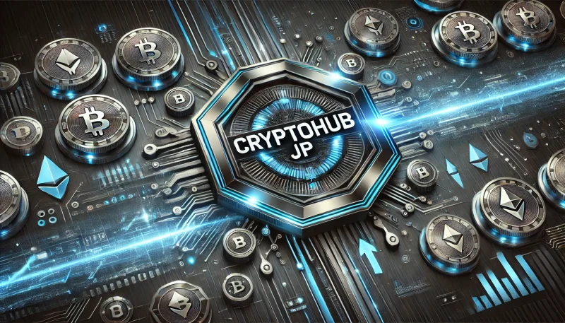 ダークトーンの背景に未来的な仮想通貨アイコンとチャートが浮かび上がる画像。「cryptohub.jp」のテキストがメタリックな質感で強調され、光のパルスとネットワーク要素がデザインされています。