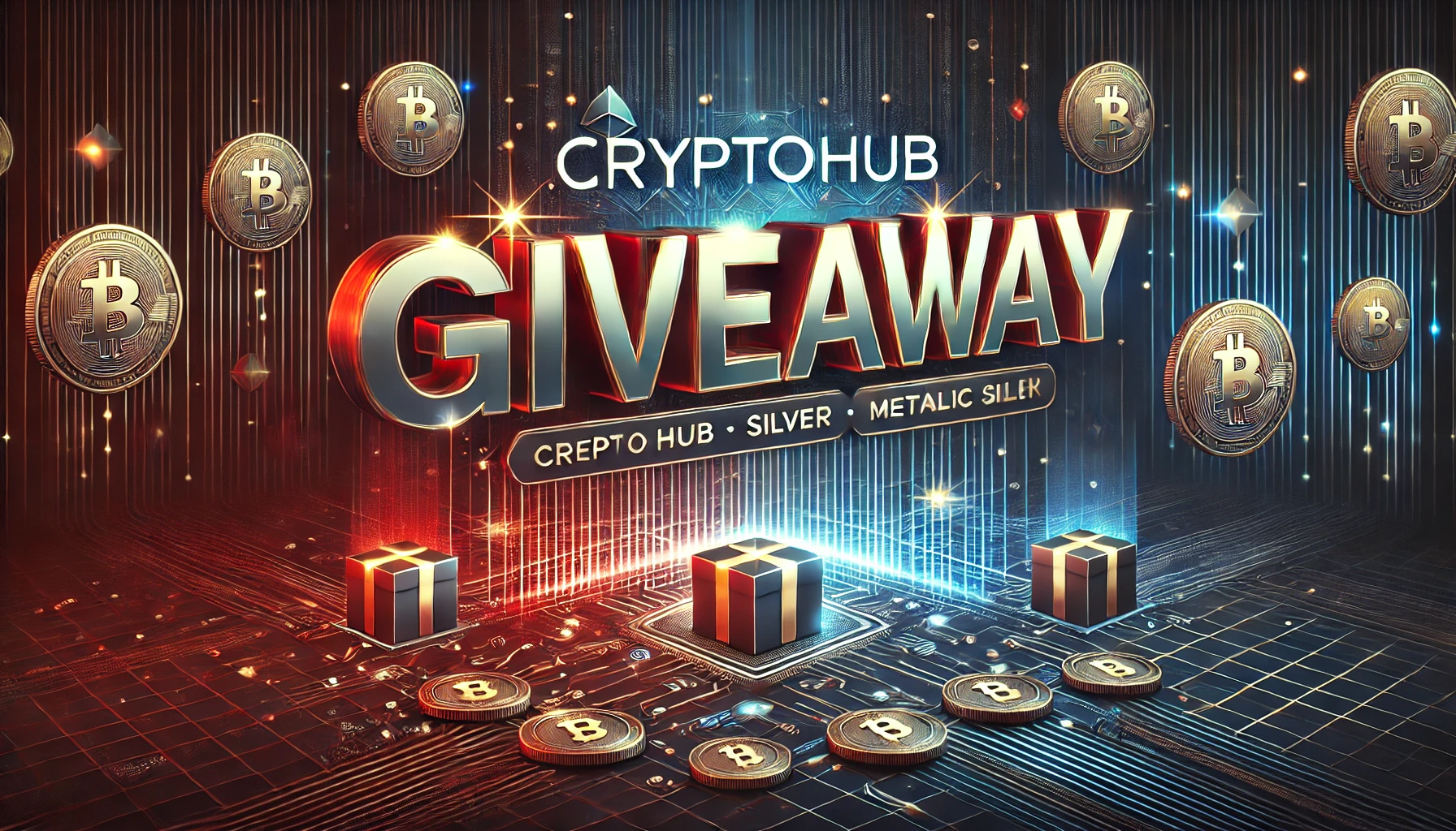 深いブルー、メタリックシルバー、鮮やかな赤を基調にした背景に「CryptoHub」「Campaign」「GIVEAWAY」の正確な大きなテキストが中央に配置されたデザイン。光の効果や金のコイン、メタリックなギフトボックスが描かれている画像。