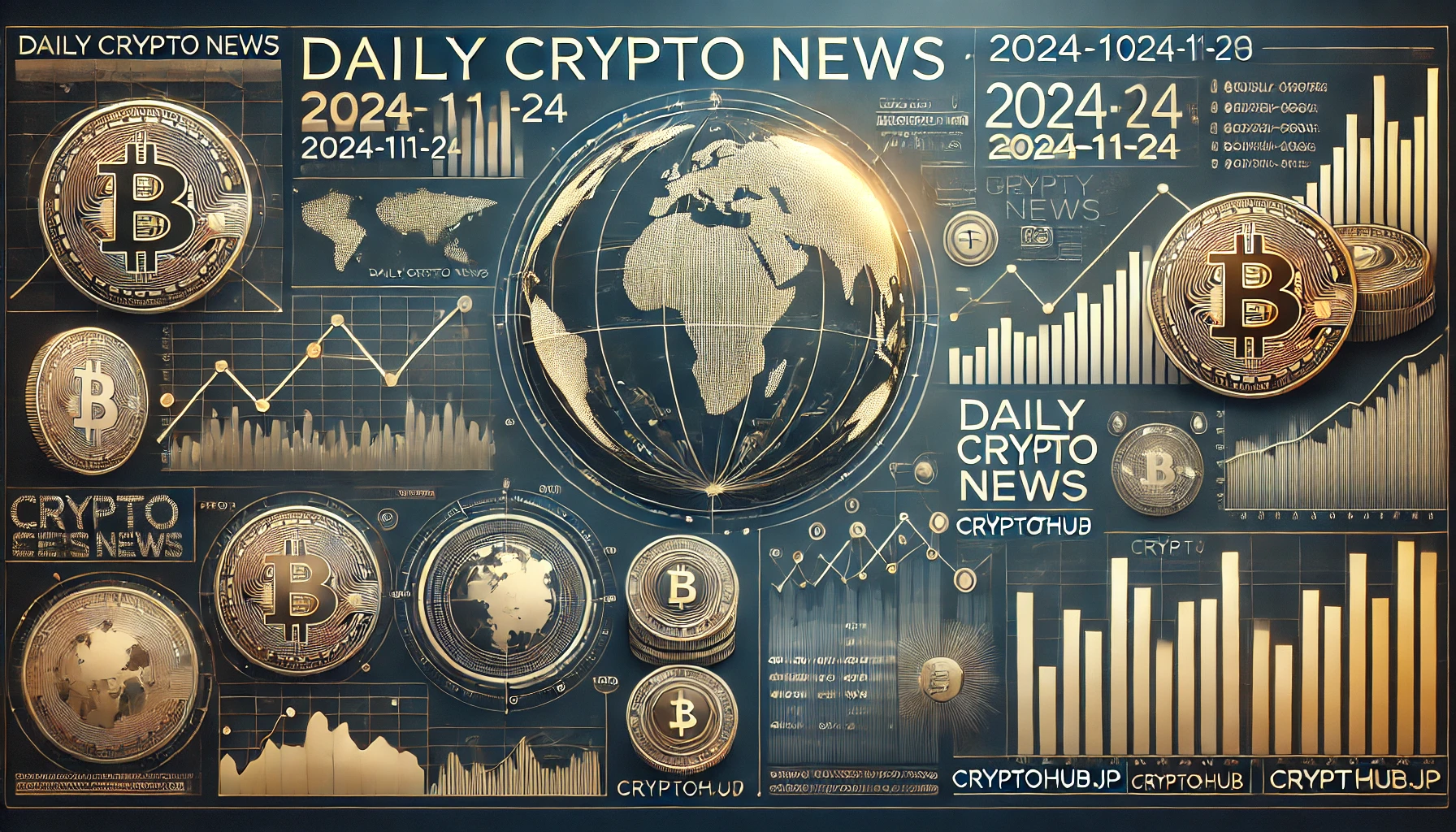 仮想通貨最新ニュースのアイキャッチ画像。金融チャート、世界地図、仮想通貨アイコンを組み合わせた洗練されたデザイン。