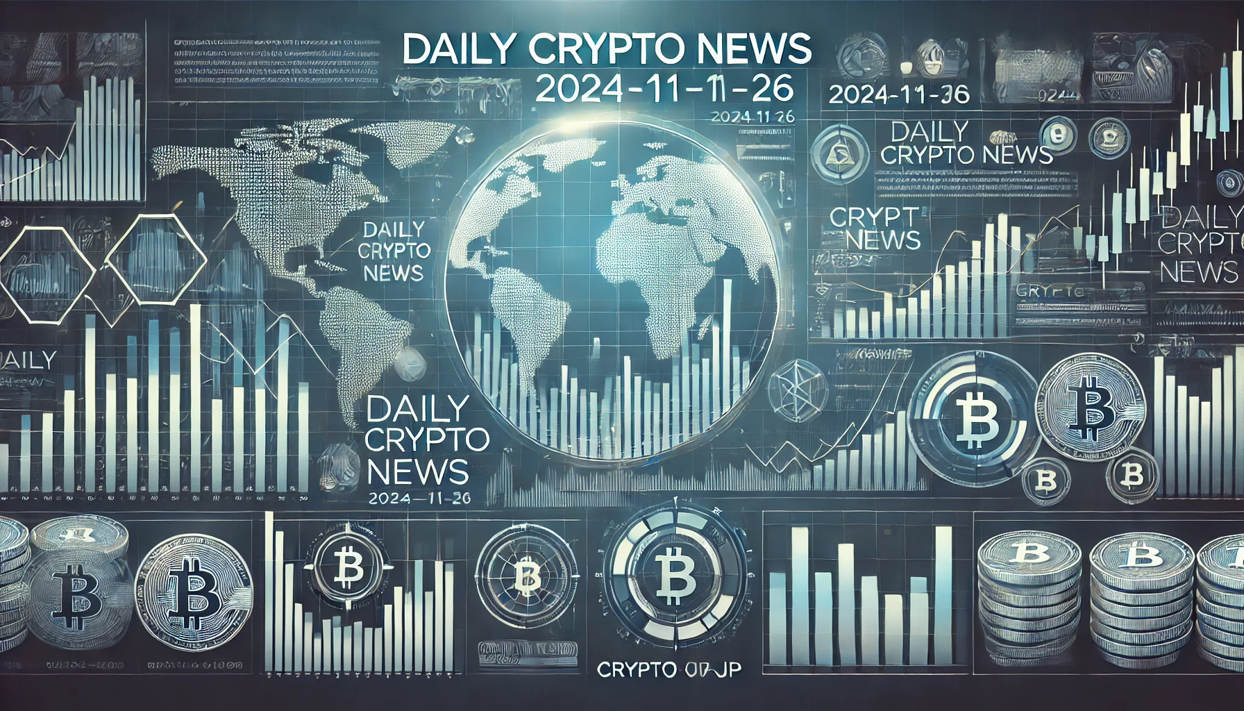 仮想通貨ニュース記事のアイキャッチ画像。デジタル株価チャート、トレンドライン、金融アイコン、世界地図をレイヤー状に配置し、グローバルな視点を表現。