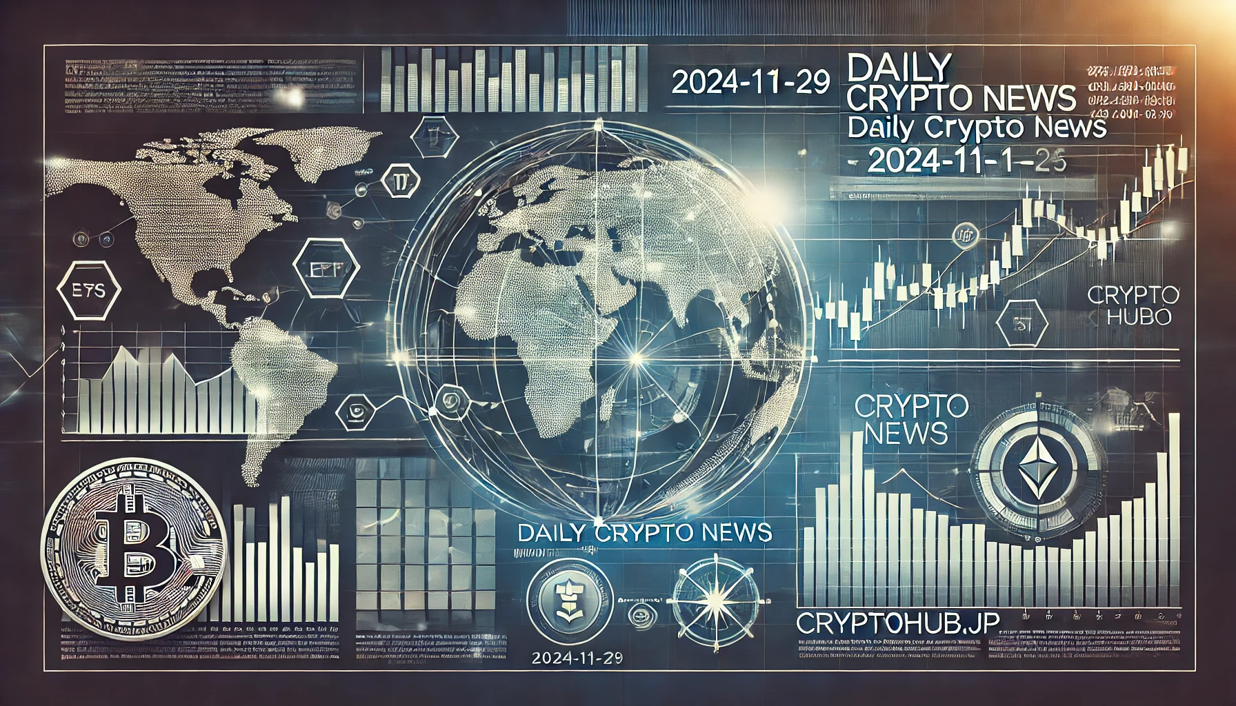 デジタル株価チャート、市場トレンドライン、金融アイコン、世界地図を組み合わせた横長のバナー画像。日付と「cryptohub.jp」のテキストが含まれています。