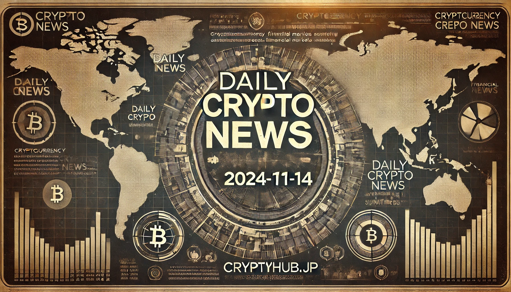 2024年11月14日、仮想通貨デイリーニュースまとめ記事のアイキャッチ画像。デジタルな要素と重厚なデザインが組み合わされた、仮想通貨市場の情報を集約した雰囲気。