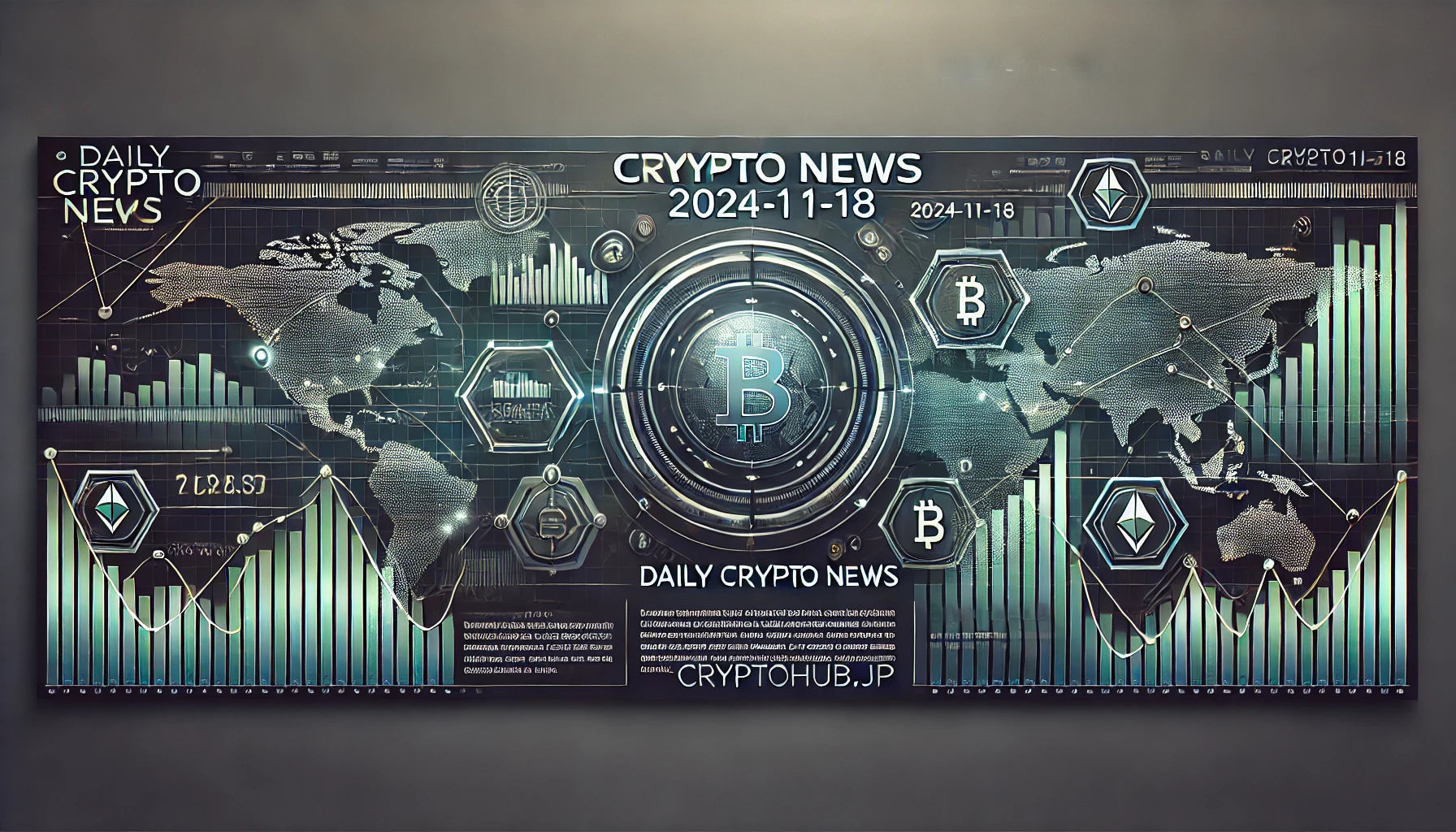 仮想通貨ニュースのアイキャッチ画像。世界地図を背景にしたデジタル株価チャートや市場トレンドライン、金融アイコンを組み合わせた洗練されたデザイン。