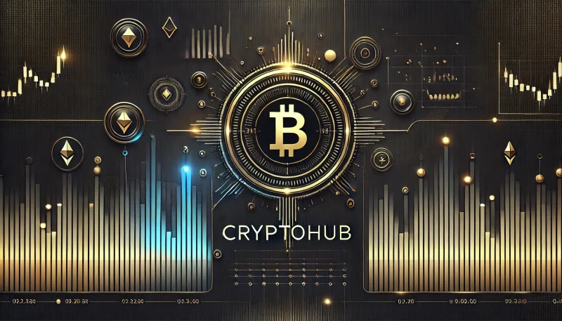 深いネイビーとブラックを基調に、金融市場チャートや「cryptohub」のテキストを配した洗練されたデザイン。