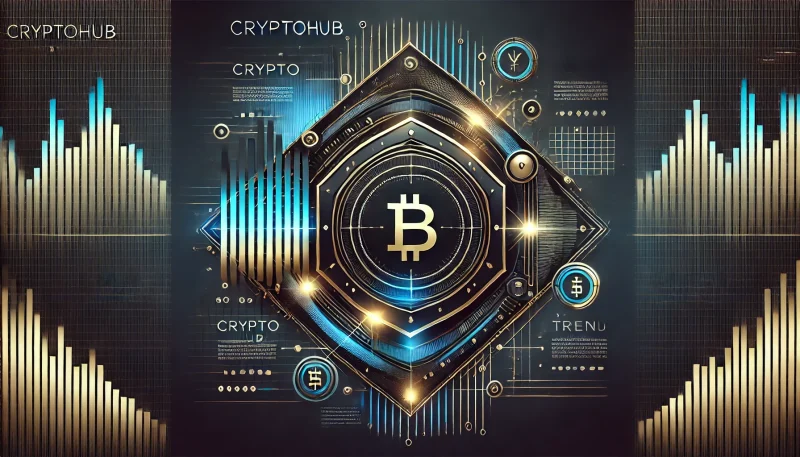 暗い背景に洗練されたデジタルチャートと「cryptohub」のテキストが際立つ未来的なデザインの画像。