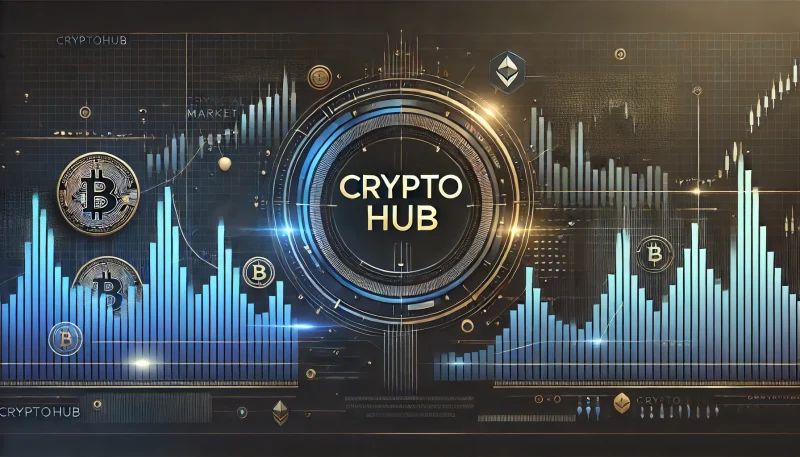 暗めの背景に金融市場のトレンドグラフと『cryptohub』のテキストが配置された未来的デザイン