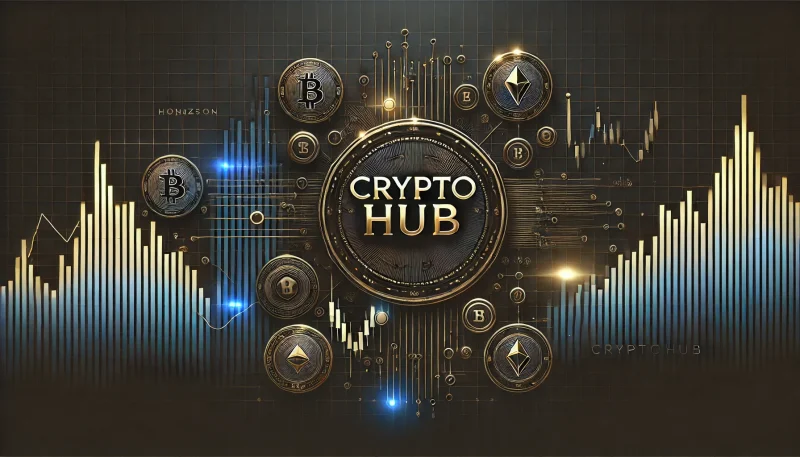 暗い背景に金融チャートとトレンドグラフを配置し、中心に「cryptohub」のテキストを配した未来的なデザイン。