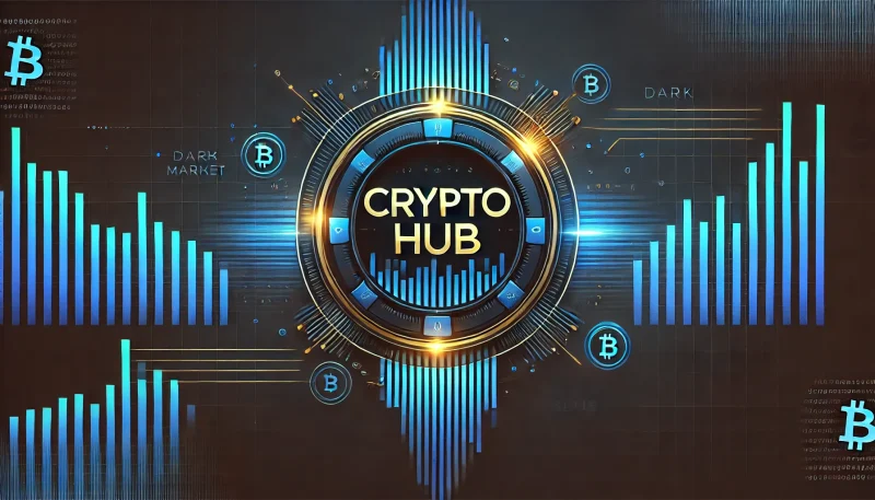 ダークブルーの背景に輝くネオンブルーとゴールドのチャート、中央に「cryptohub」と大きく表示された洗練された未来的デザイン。