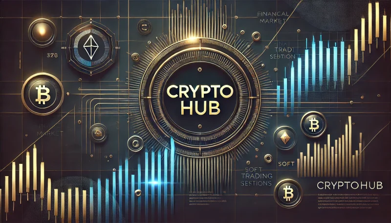 暗い背景に金融市場を象徴するチャートと「cryptohub」のテキストを配置した洗練されたデザインの画像。未来的な市場動向を表現。