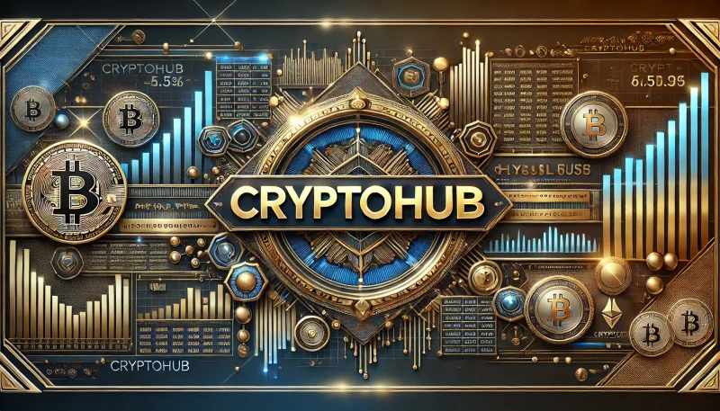 暗い背景に金融チャートと華美なデザインを施した「cryptohub」ロゴ入りバナー