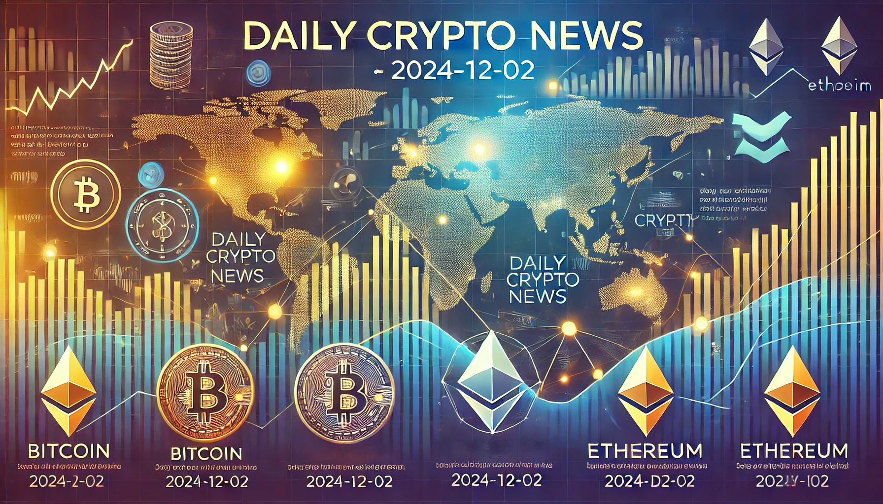 2024年12月2日の仮想通貨ニュースを象徴する、世界地図の背景に金融チャートと仮想通貨アイコンを組み合わせた横長のバナー画像。