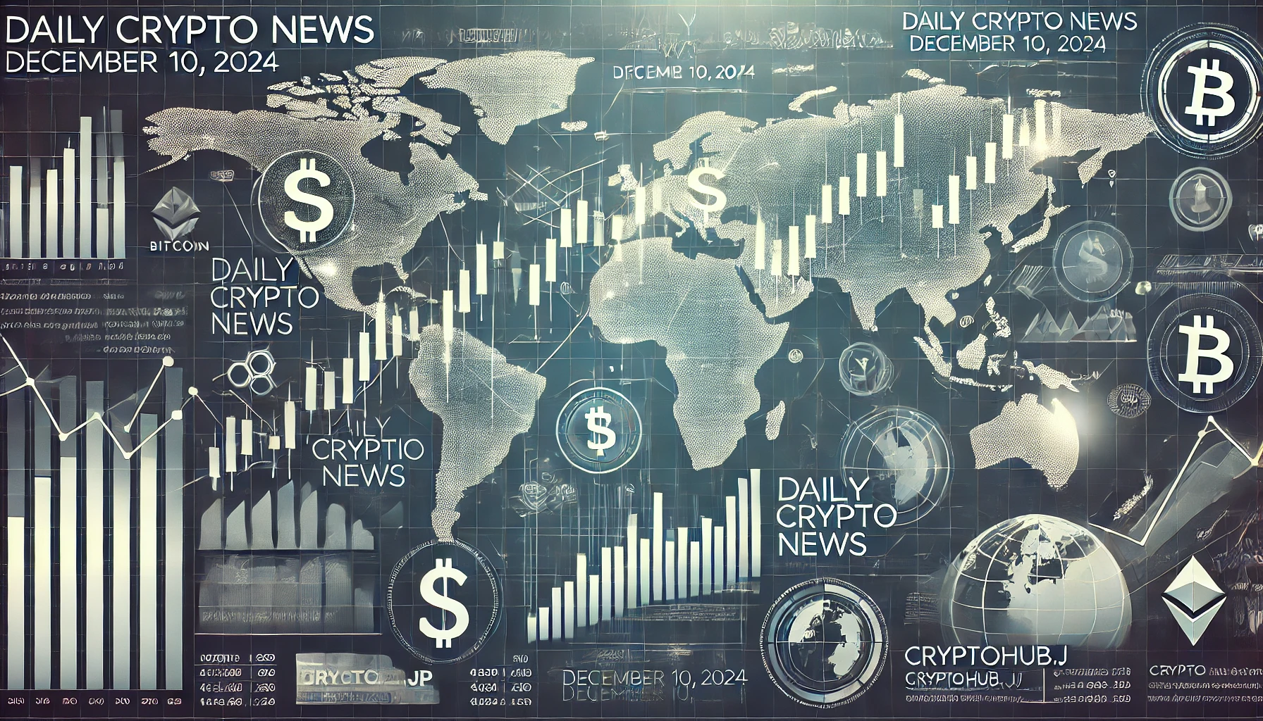 仮想通貨ニュースのアイキャッチ画像。洗練された株価チャート、金融アイコン、世界地図を背景に、プロフェッショナルなデザインが特徴です。