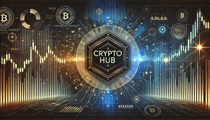 暗い背景にゴールドとネオンブルーのアクセントを配した金融市場チャートと「cryptohub」の文字が際立つ画像