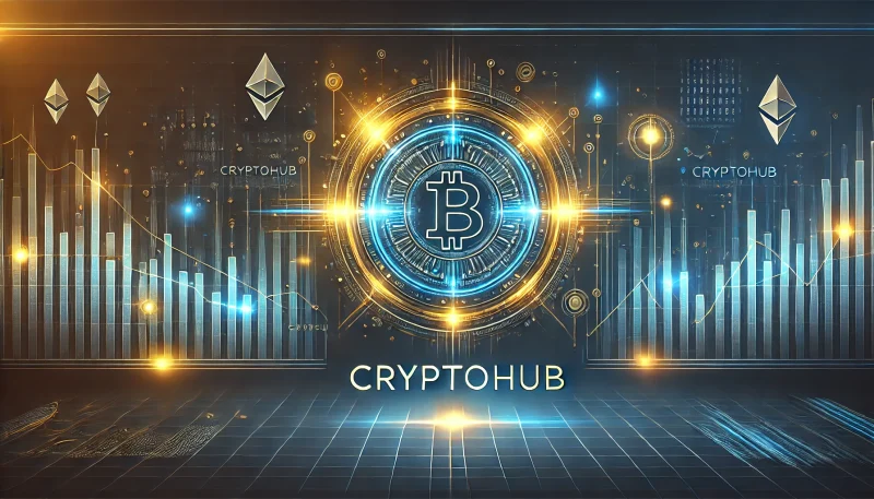 仮想通貨市場の動向を示すデジタルチャートと「cryptohub」のロゴを組み合わせた未来的なデザイン。