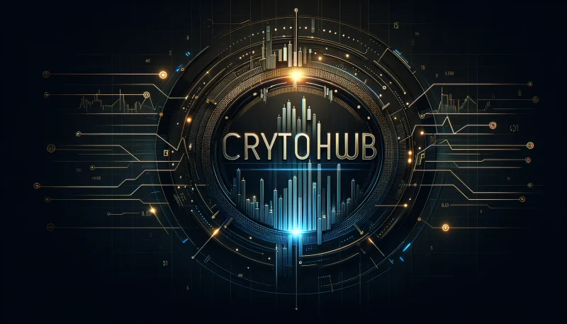 ダークブルーの背景に、未来的なデジタルチャートと「cryptohub」の文字が浮かび上がる重厚な金融デザインバナー